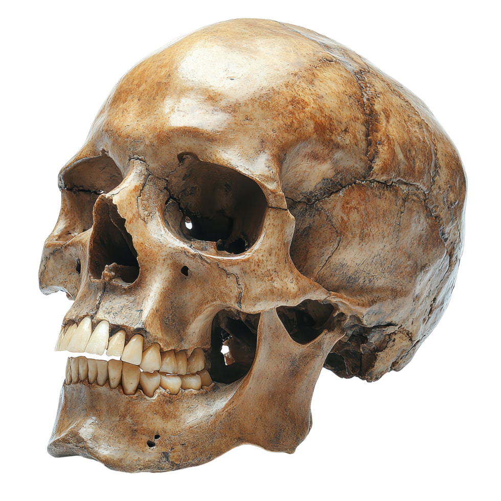 Detailed study of a human skull displayed in a museum environment under soft lighting isolated on transparent background png