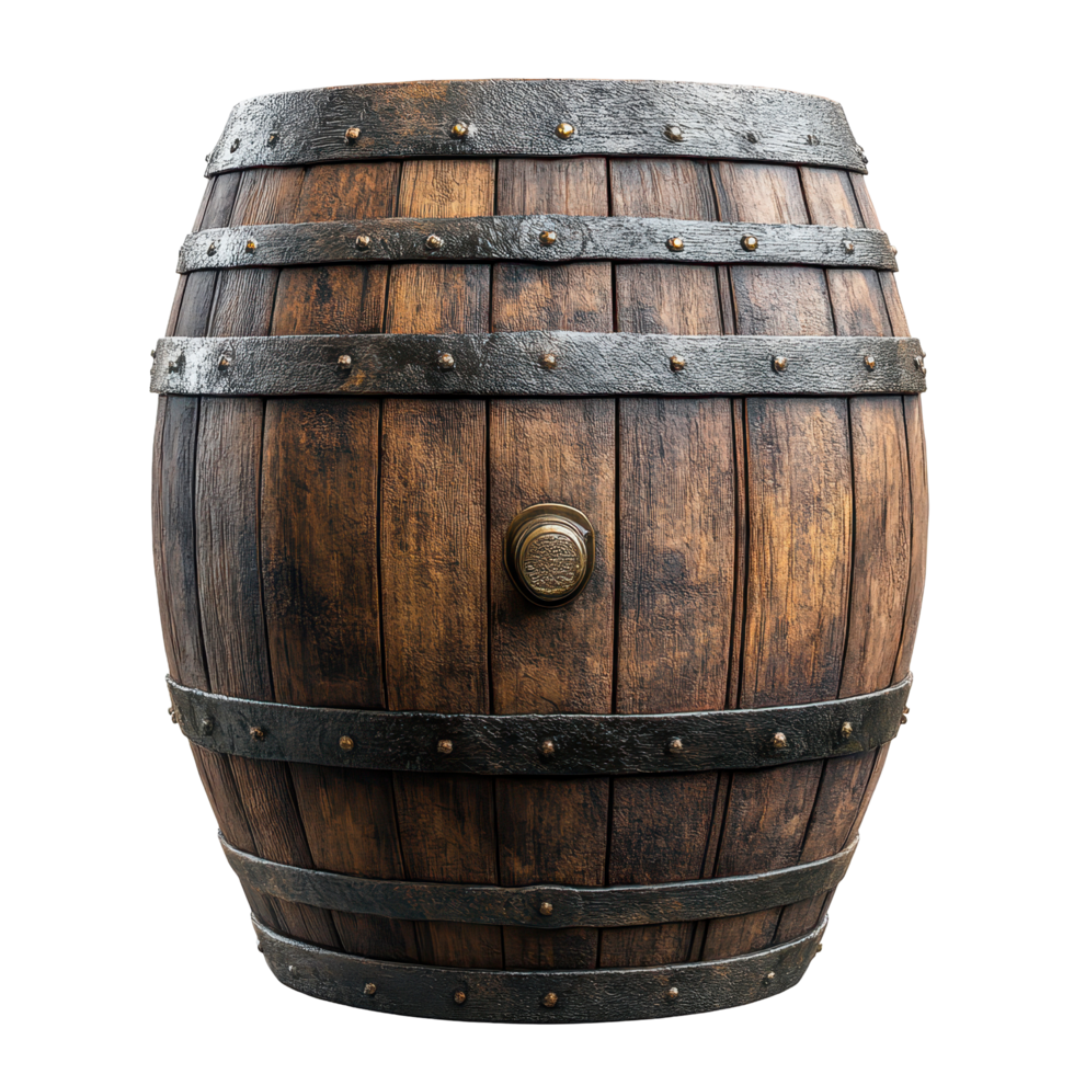 Rustic wooden barrel with metal bands showcasing craftsmanship and durability in a traditional setting isolated on transparent background png