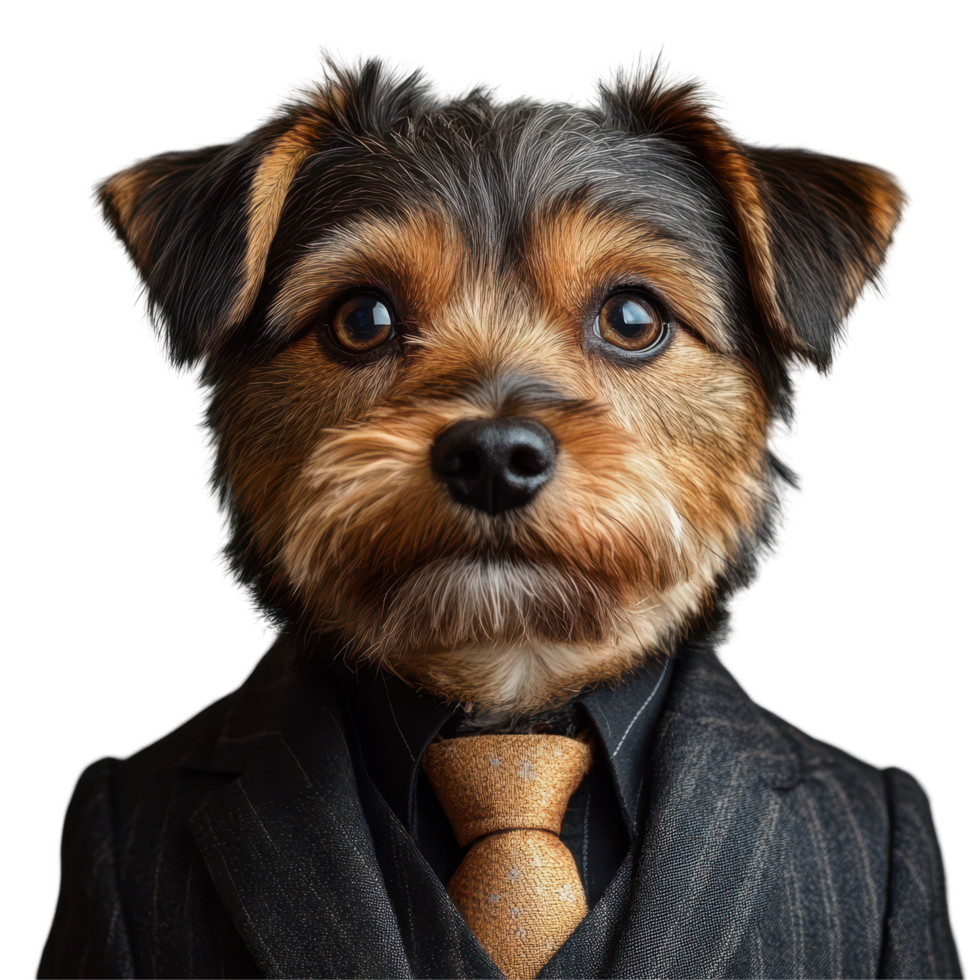 Cute small dog dressed in a formal suit with a tie, posing like a professional during a studio session isolated on transparent background png