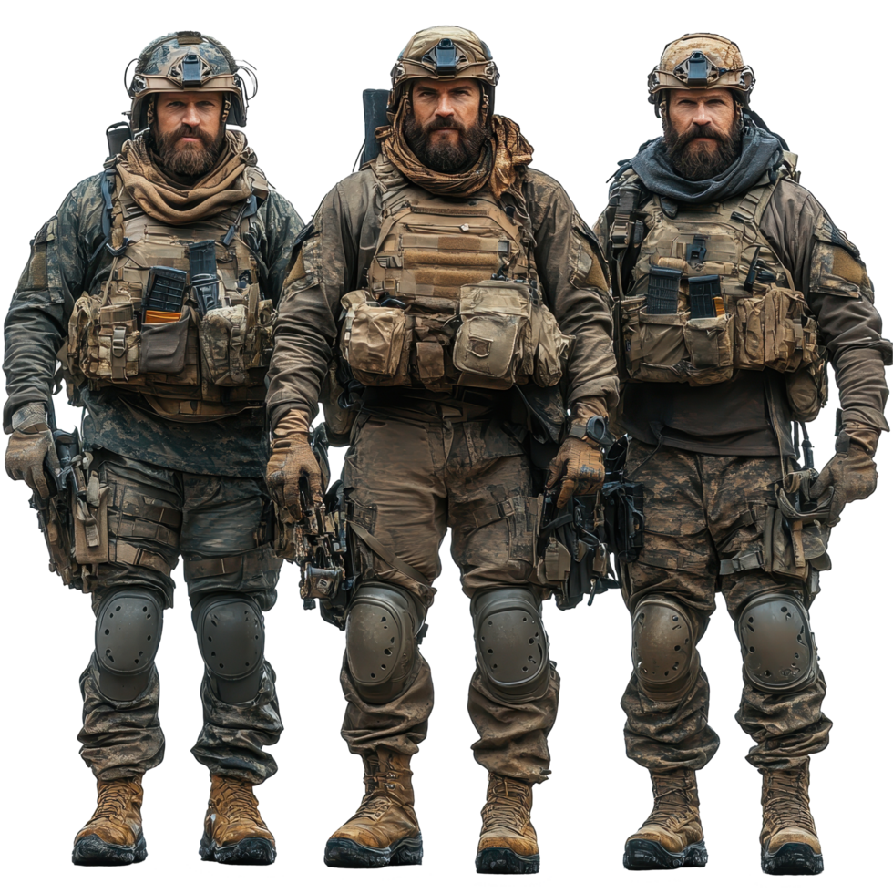 Military personnel in tactical gear pose during a training exercise in an outdoor setting amid various terrain conditions isolated on transparent background png