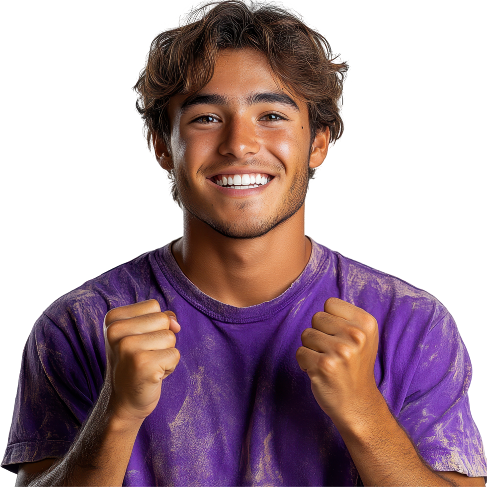 Young man celebrating with clenched fists and a bright smile in casual purple shirt against a white background isolated on transparent background png
