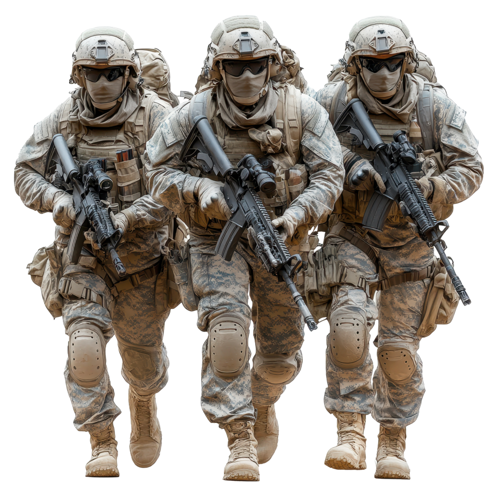 Soldiers in tactical gear advance with weapons during a military operation in a desert environment isolated on transparent background png
