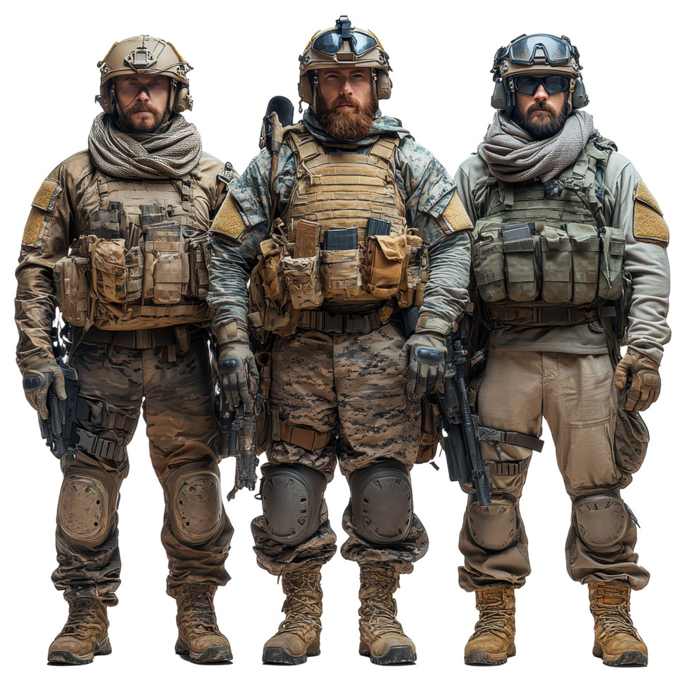 Three soldiers in tactical gear stand confidently, ready for action against a neutral background isolated on transparent background png