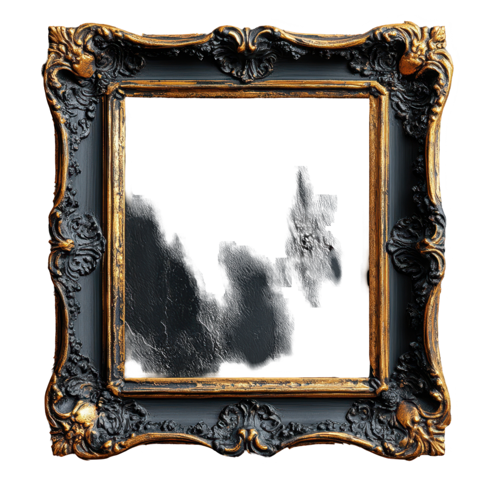 Decorative black and gold picture frame displaying an empty canvas isolated on transparent background png