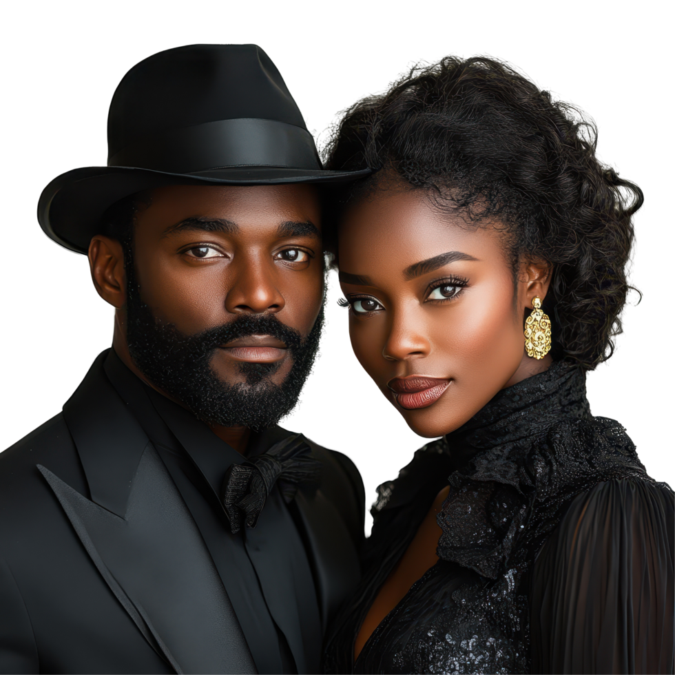 Elegant couple poses in formal attire with sophistication and style against a clean backdrop isolated on transparent background png