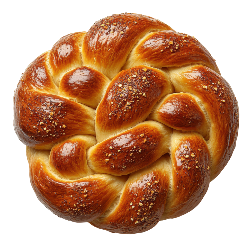 Freshly baked braided bread on a plain background with a glossy finish and sprinkled topping isolated on transparent background png