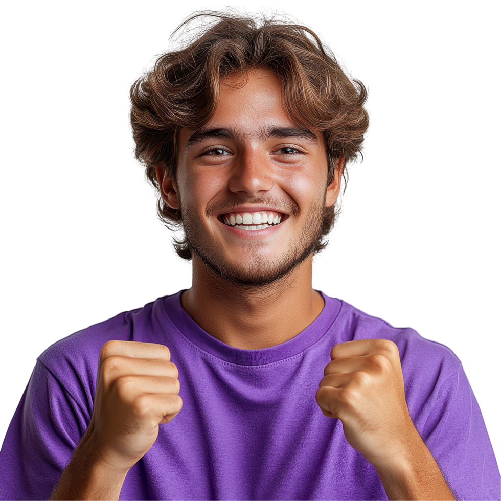 Happy young man celebrating success with raised fists on a bright background isolated on transparent background png