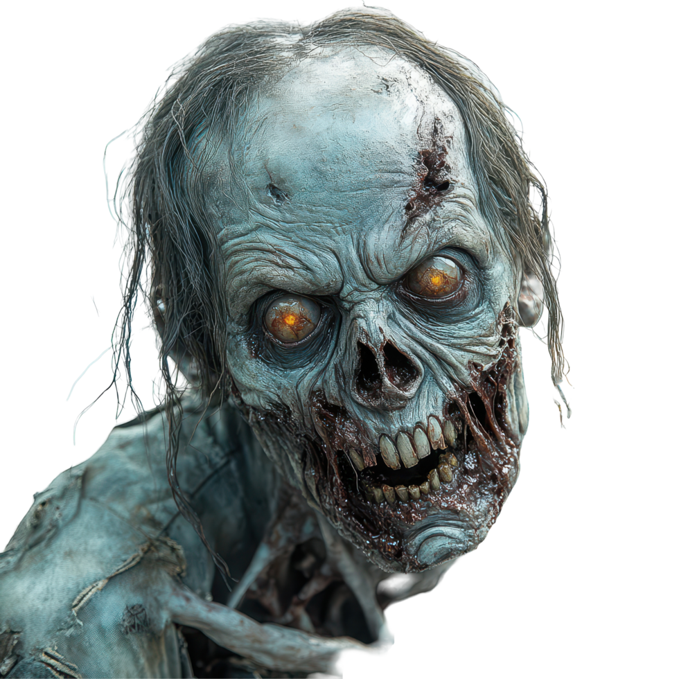 Detailed depiction of a zombie with glowing eyes showcasing eerie features and decayed skin isolated on transparent background png