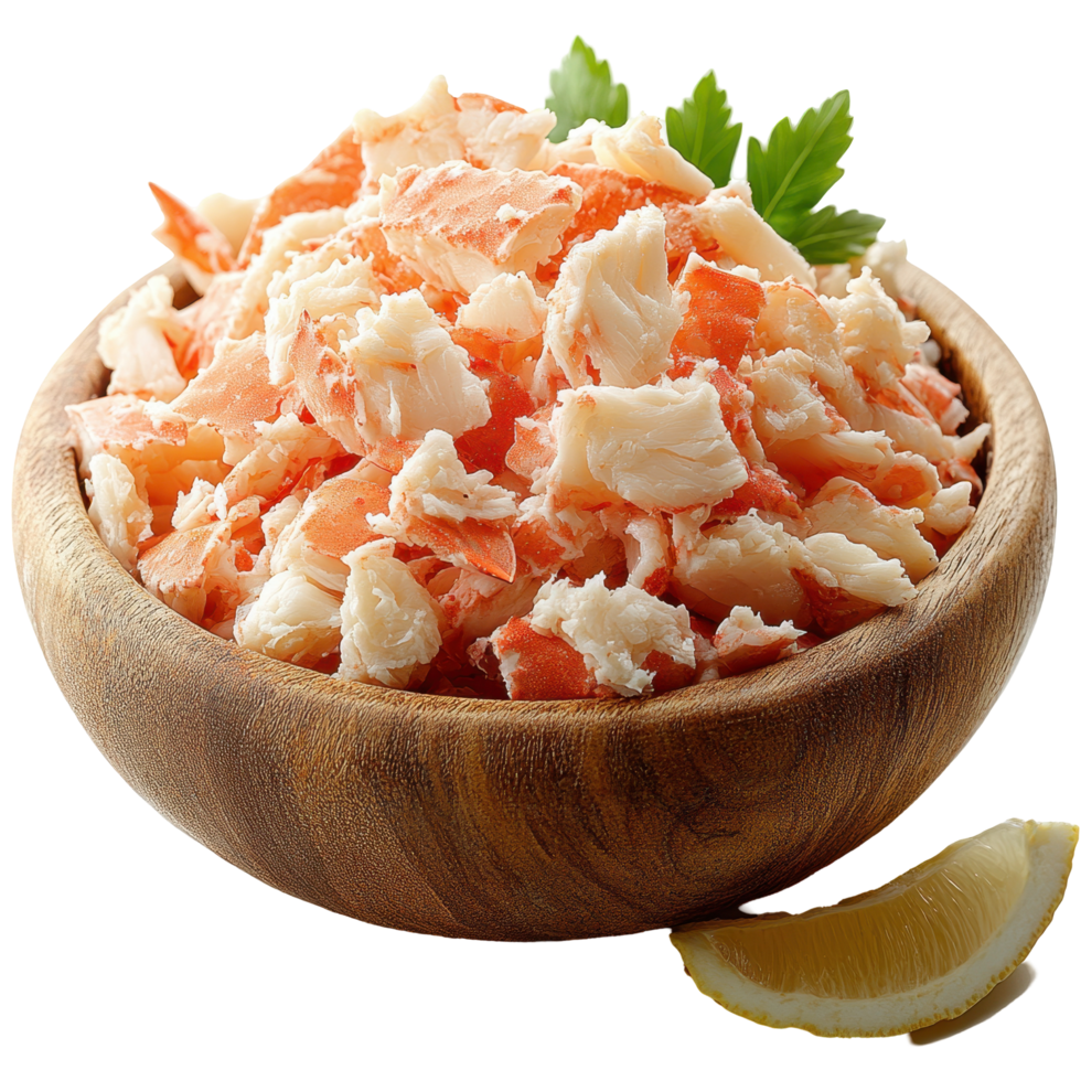 Fresh crab meat served in a wooden bowl with lemon and parsley on a bright background isolated on transparent background png