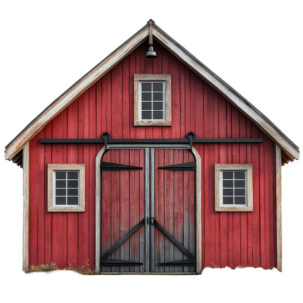 Classic red barn with wooden doors and windows located in a rural setting during daylight hours isolated on transparent background png