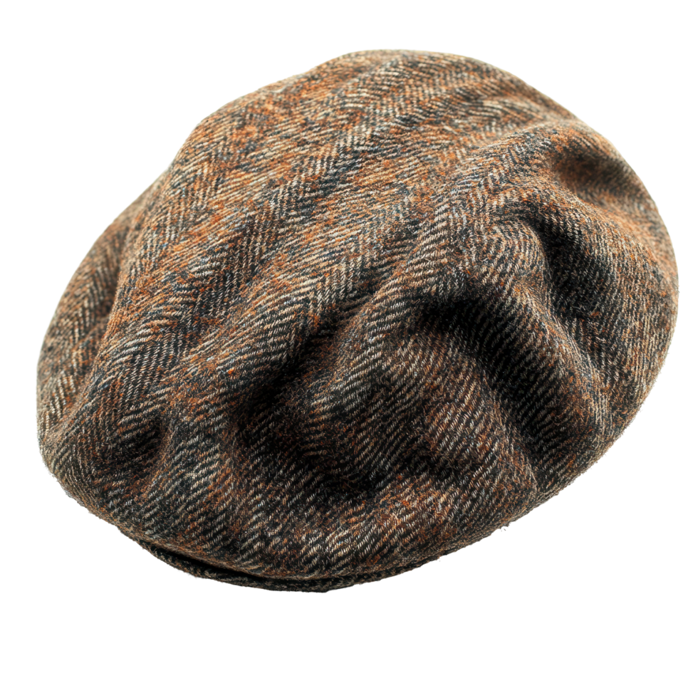 Stylish brown tweed cap resting on a flat surface showcasing its unique pattern and texture isolated on transparent background png