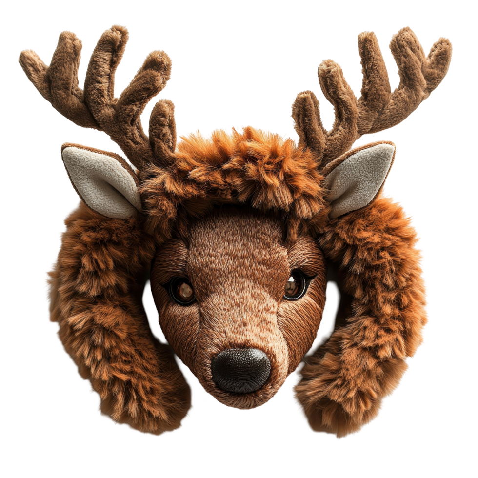 Plush reindeer head with antlers and fuzzy ear covers creates festive atmosphere for winter celebrations isolated on transparent background png