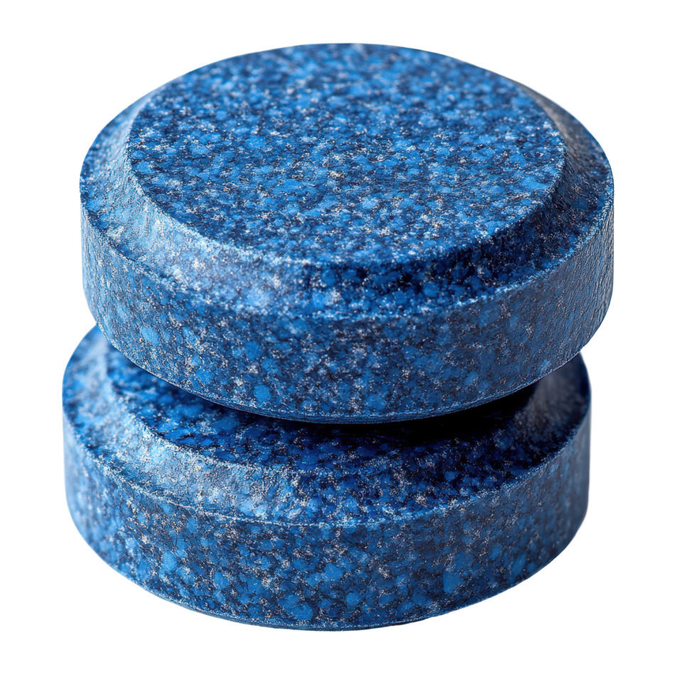 Blue cleaning tablets stacked on top of each other in a bright, clean kitchen setting isolated on transparent background png