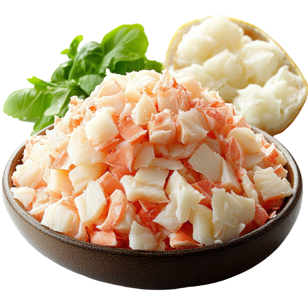 Freshly prepared seafood salad mix featuring chunks of crab meat and fish garnished with green herbs isolated on transparent background png