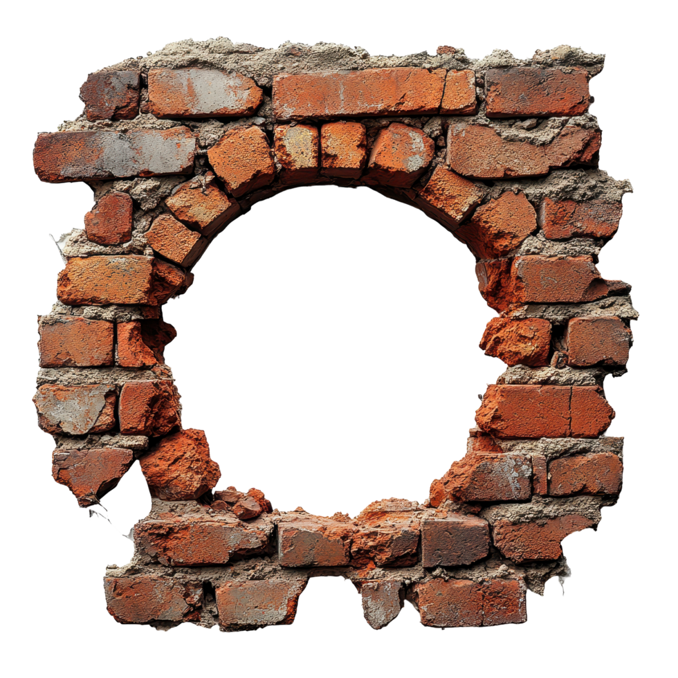 Rustic broken brick wall reveals empty space, showcasing the contrast between structure and openness isolated on transparent background png