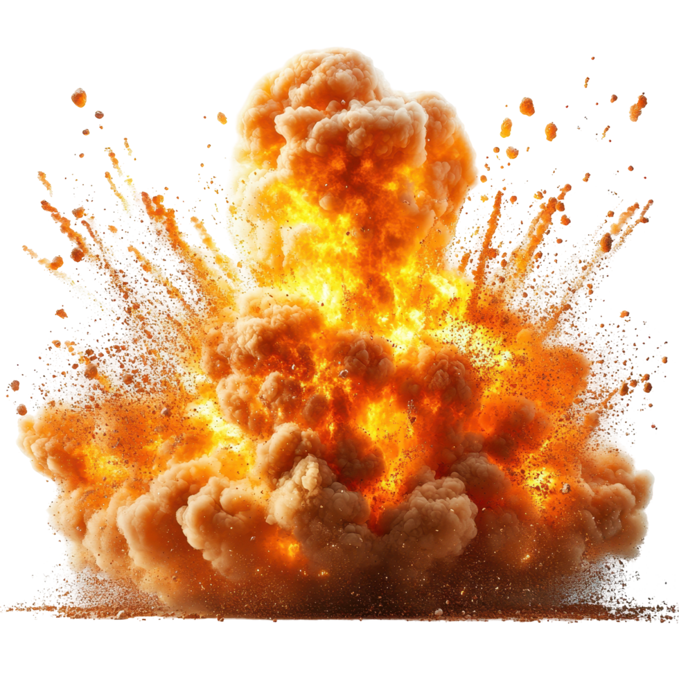 Fireball explosion creates a dramatic plume of smoke and debris in a vivid burst of color and energy isolated on transparent background png