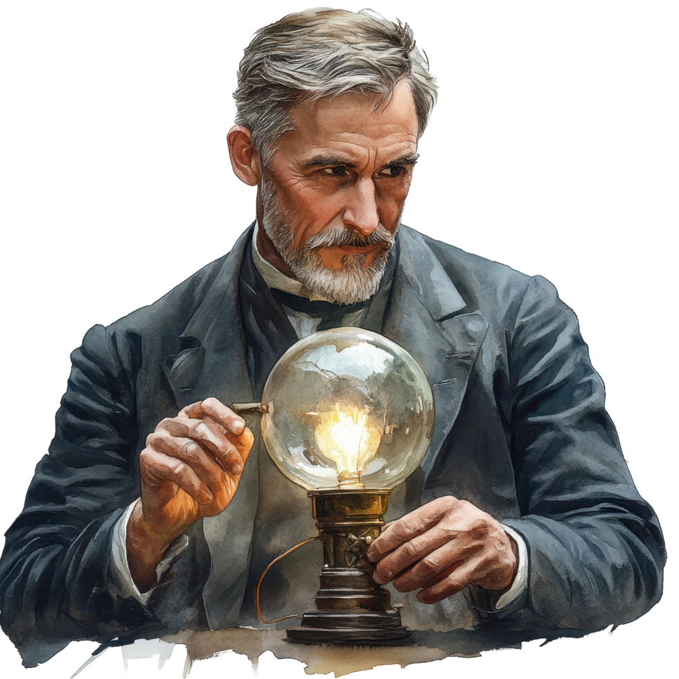Scientist examines glass globe containing a glowing light bulb in a vintage laboratory setting during the late 19th century isolated on transparent background png