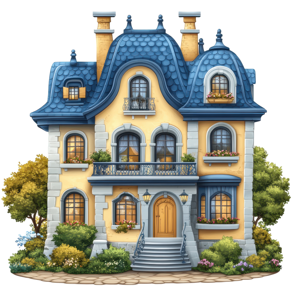 Charming yellow and blue house with intricate architectural details and lush greenery isolated on transparent background png