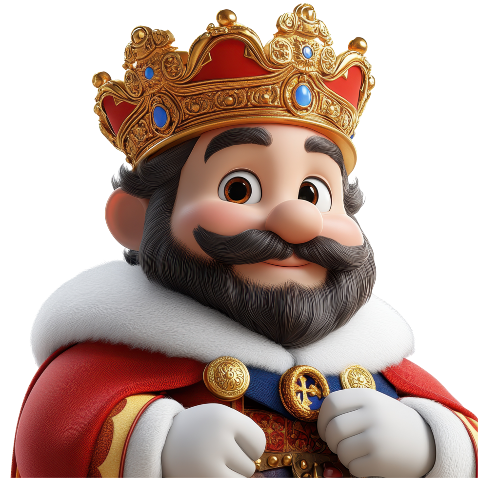 Charming animated king character wearing a detailed crown and royal attire in a vibrant setting isolated on transparent background png