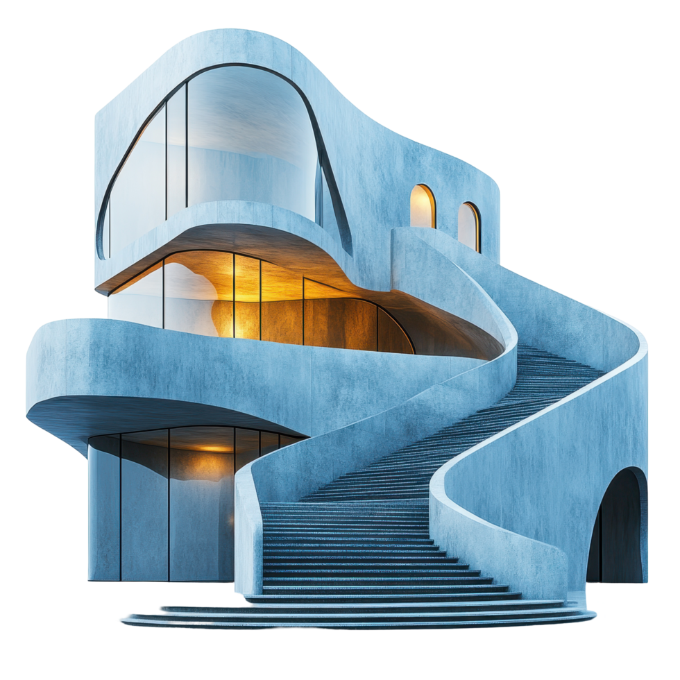 Unique modern architectural design featuring a spiral staircase and curved facades in a bright setting isolated on transparent background png