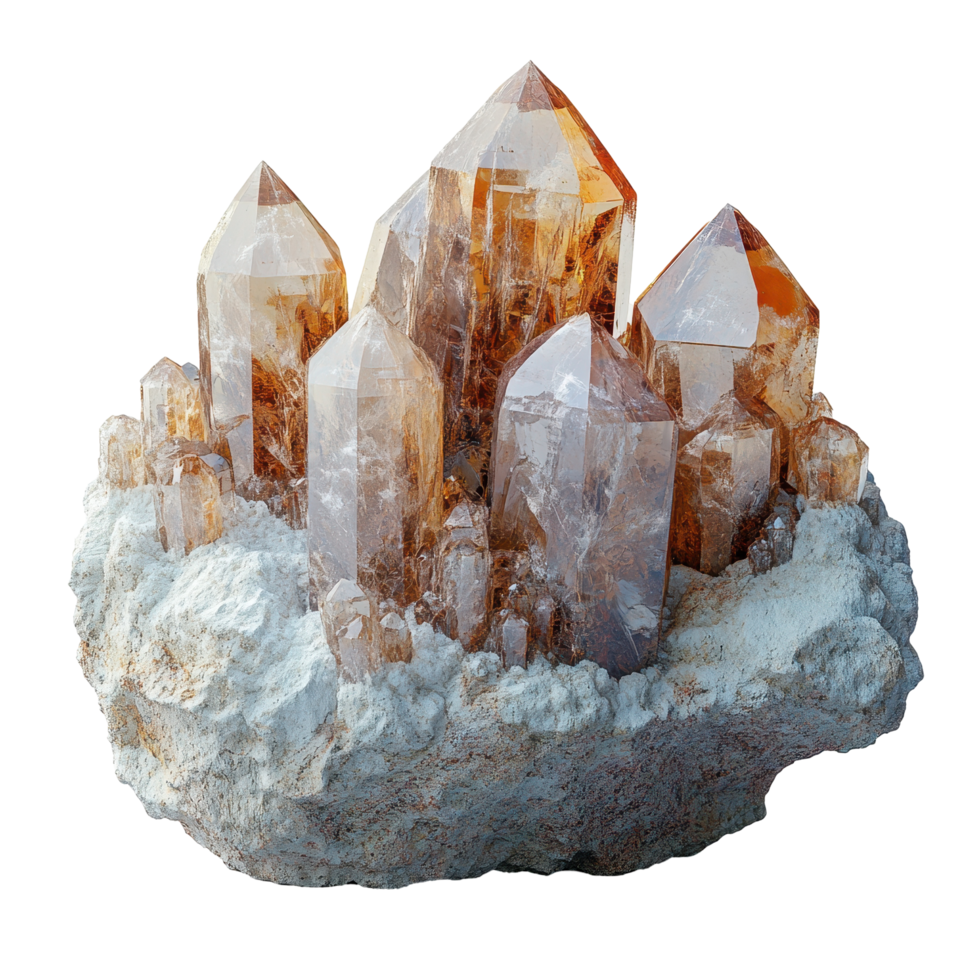 Beautiful cluster of quartz crystals with amber highlights on a natural stone base situated indoors isolated on transparent background png