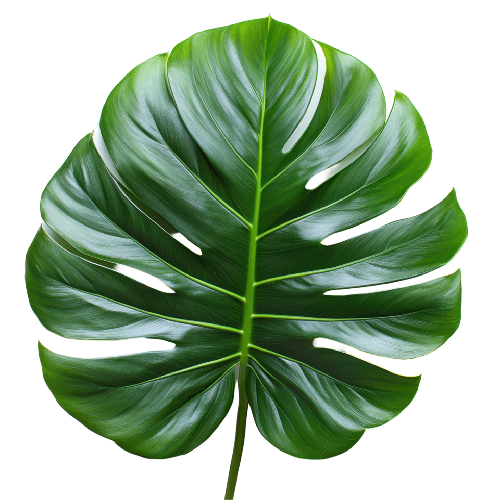 Large green monstera leaf with dramatic split patterns showcases vibrant tropical beauty in a botanical display isolated on transparent background png