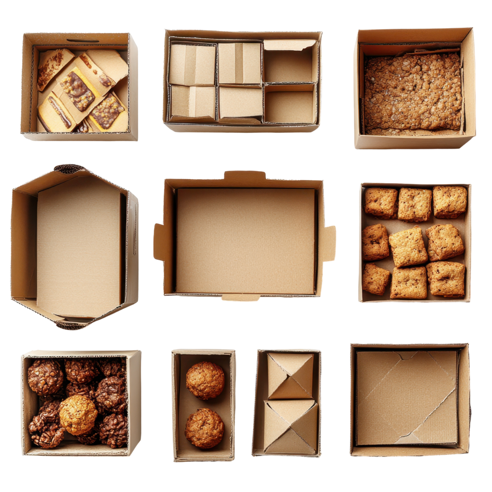 Assorted empty and filled cardboard boxes arranged on a surface showcasing various baked goods and treats isolated on transparent background png