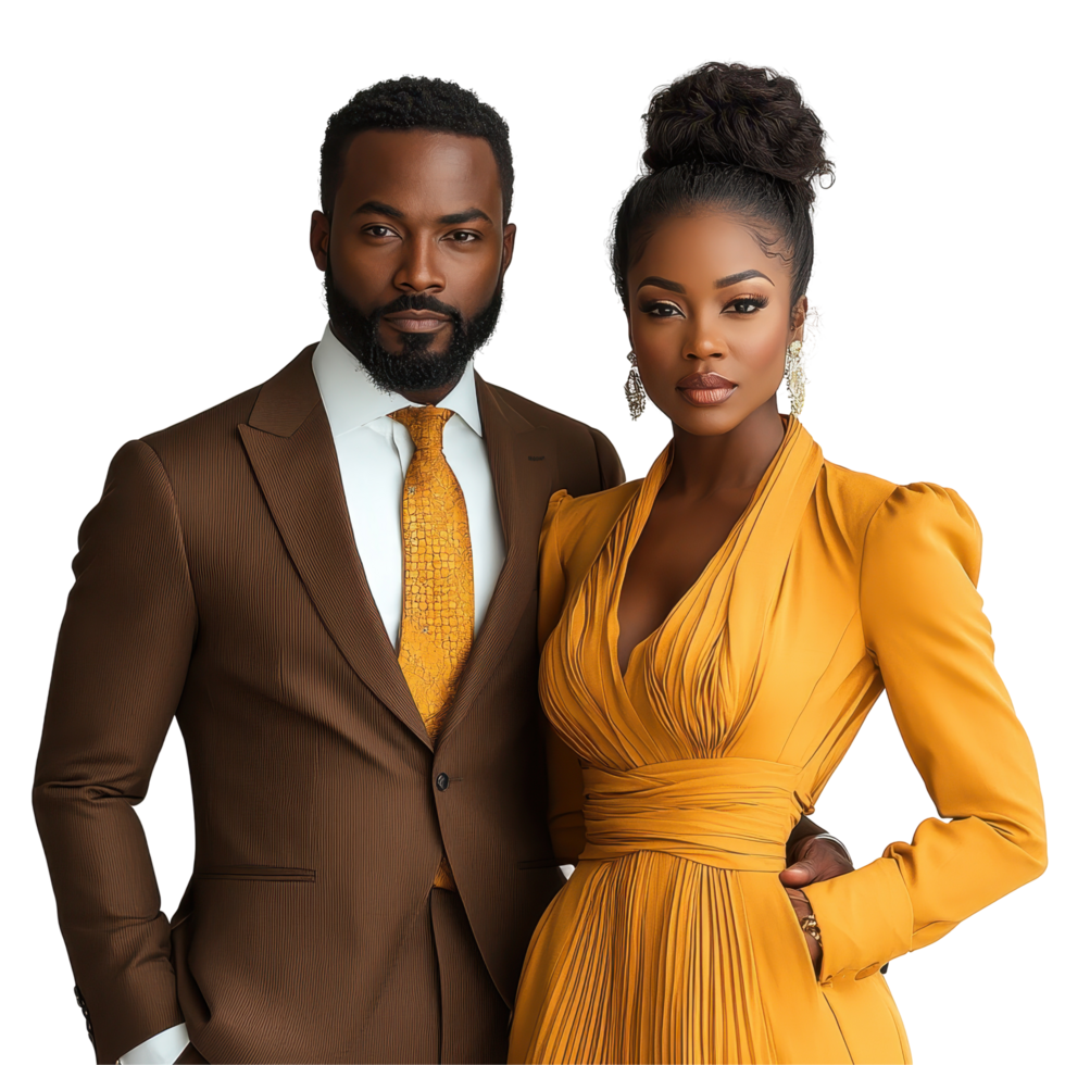 Elegant couple posing in stylish attire with coordinated colors at a professional photo shoot in a sophisticated setting isolated on transparent background png