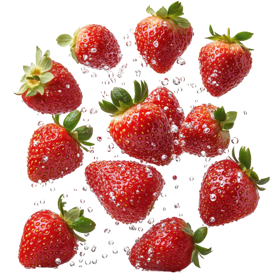 Fresh strawberries splashing in water creating a refreshing summer vibe in a kitchen setting isolated on transparent background png