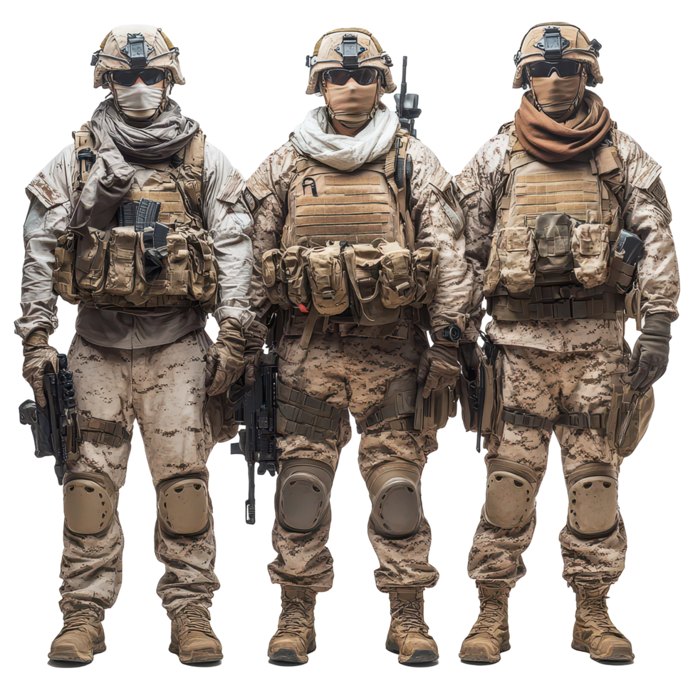 Military personnel in tactical gear stand together in a desert environment during a training exercise in the afternoon light isolated on transparent background png