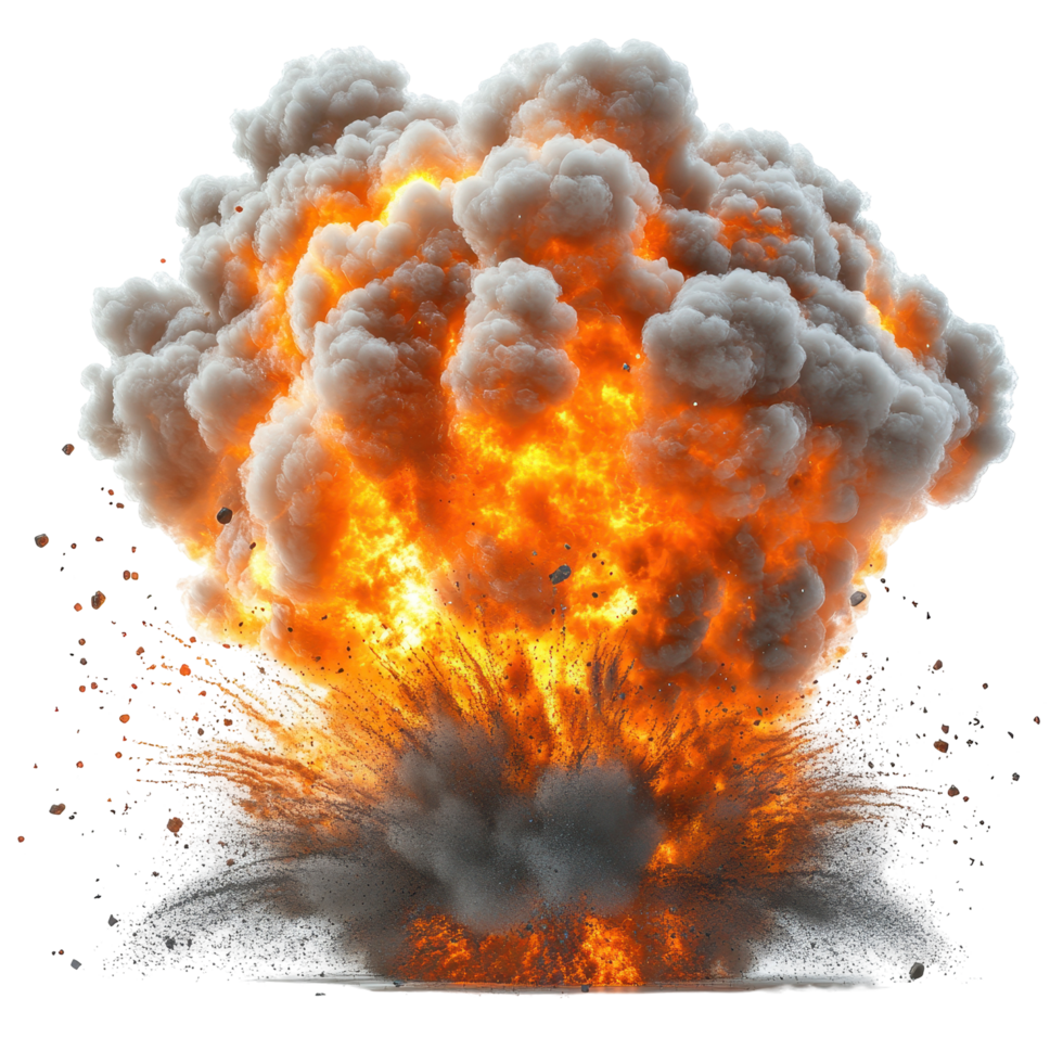 Explosion with vivid orange flames and thick gray smoke filling the air during a controlled demolition isolated on transparent background png
