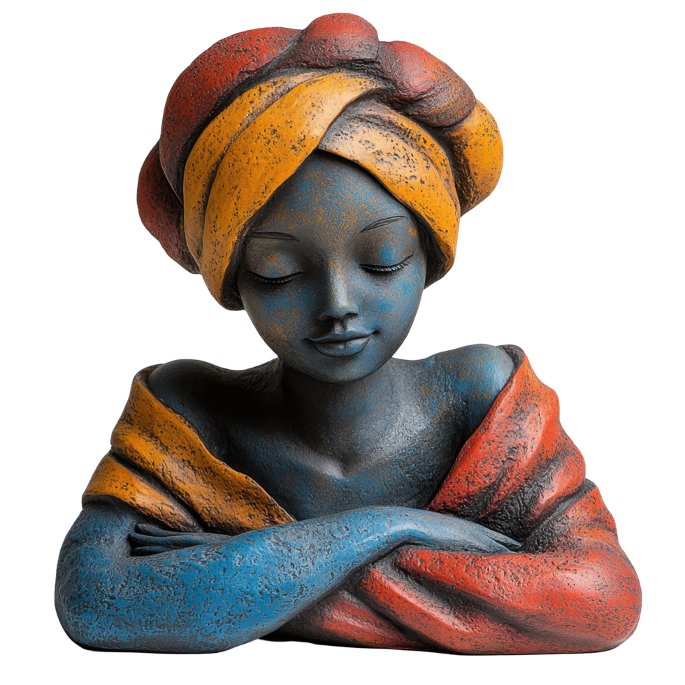 Artistic sculpture of a serene woman with a colorful headwrap and shawl placed on a neutral background isolated on transparent background png
