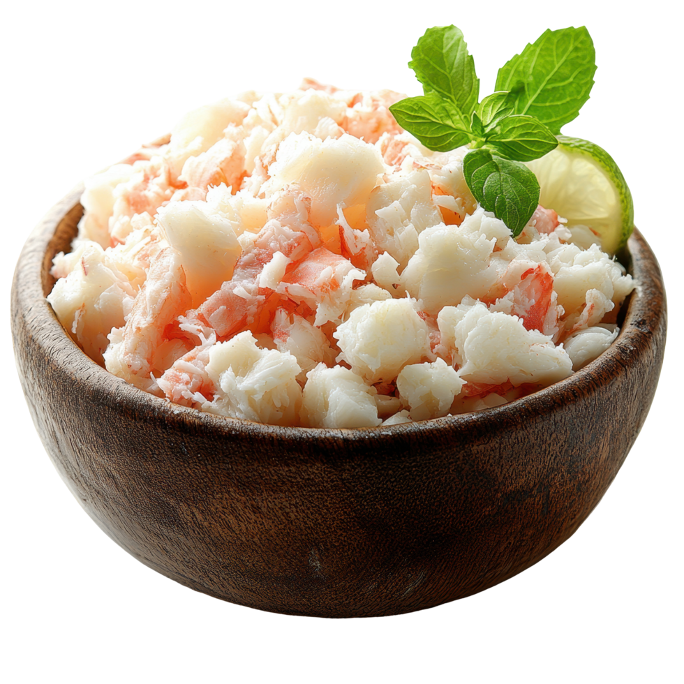 Delicious coconut and seafood dish served in a rustic wooden bowl garnished with fresh mint and lime isolated on transparent background png