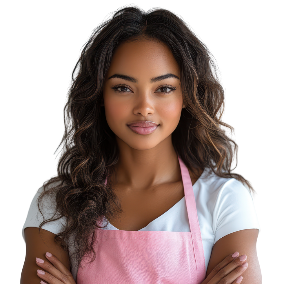 Confident woman in pink apron showcases her skills in a modern kitchen setting isolated on transparent background png