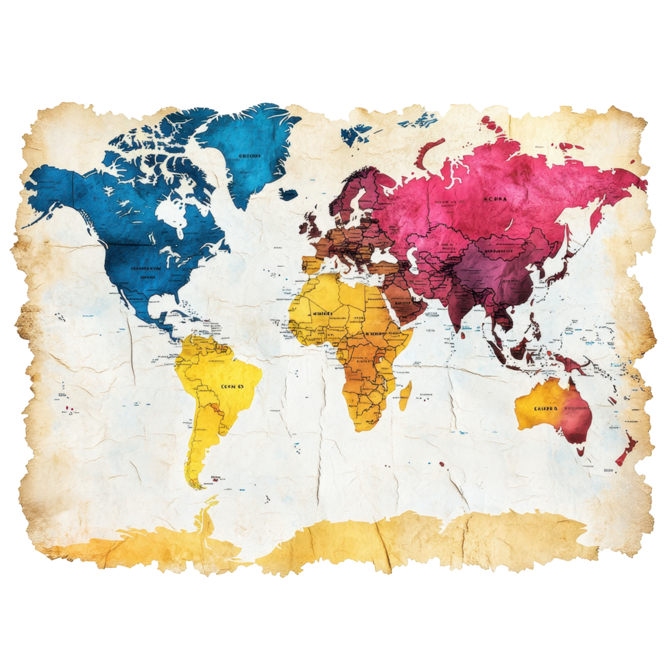 Detailed world map highlighting different regions with vibrant colors and an antique style for educational or decorative use isolated on transparent background png