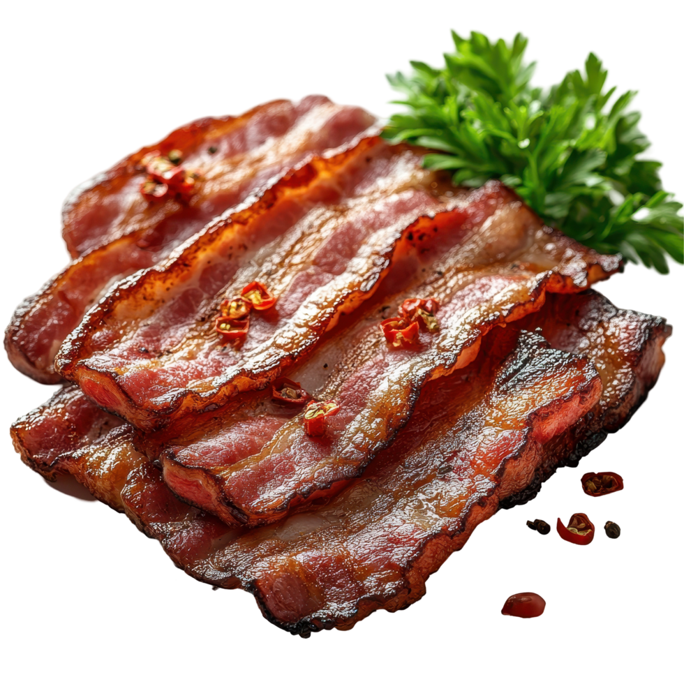 Crispy bacon strips garnished with fresh parsley and spices on a white background isolated on transparent background png