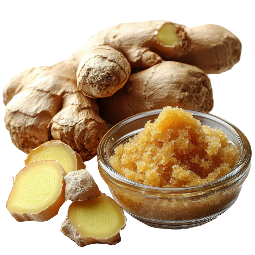 Fresh ginger roots with ginger paste arranged in a bowl on a kitchen counter for culinary preparation isolated on transparent background png