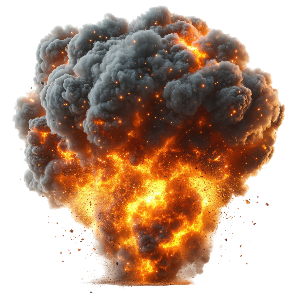 Massive explosion billows smoke and flames during night demonstration in urban area isolated on transparent background png