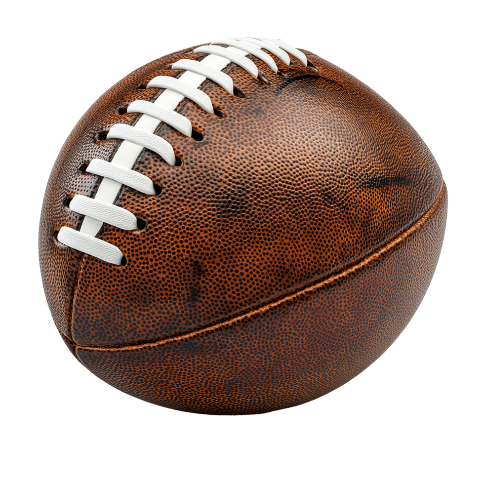 Classic brown football resting on a surface with textured leather and white laces for play and practice isolated on transparent background png