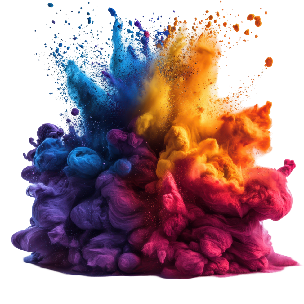 Vibrant colored powder explosion creates dynamic cloud of color in artistic display of pigments in motion isolated on transparent background png