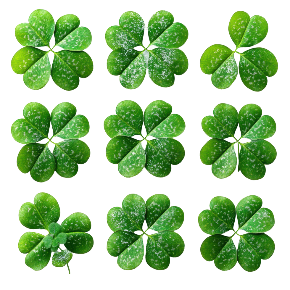 Leafy arrangement showcasing nine vibrant green four-leaf clovers with varying patterns on a white background isolated on transparent background png
