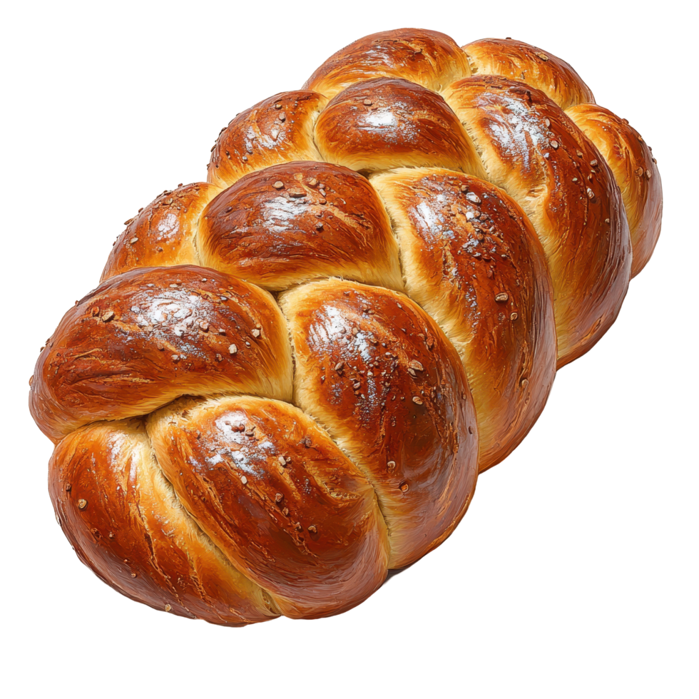 Freshly baked challah bread displayed on a clean surface with a golden-brown crust and a soft interior texture isolated on transparent background png