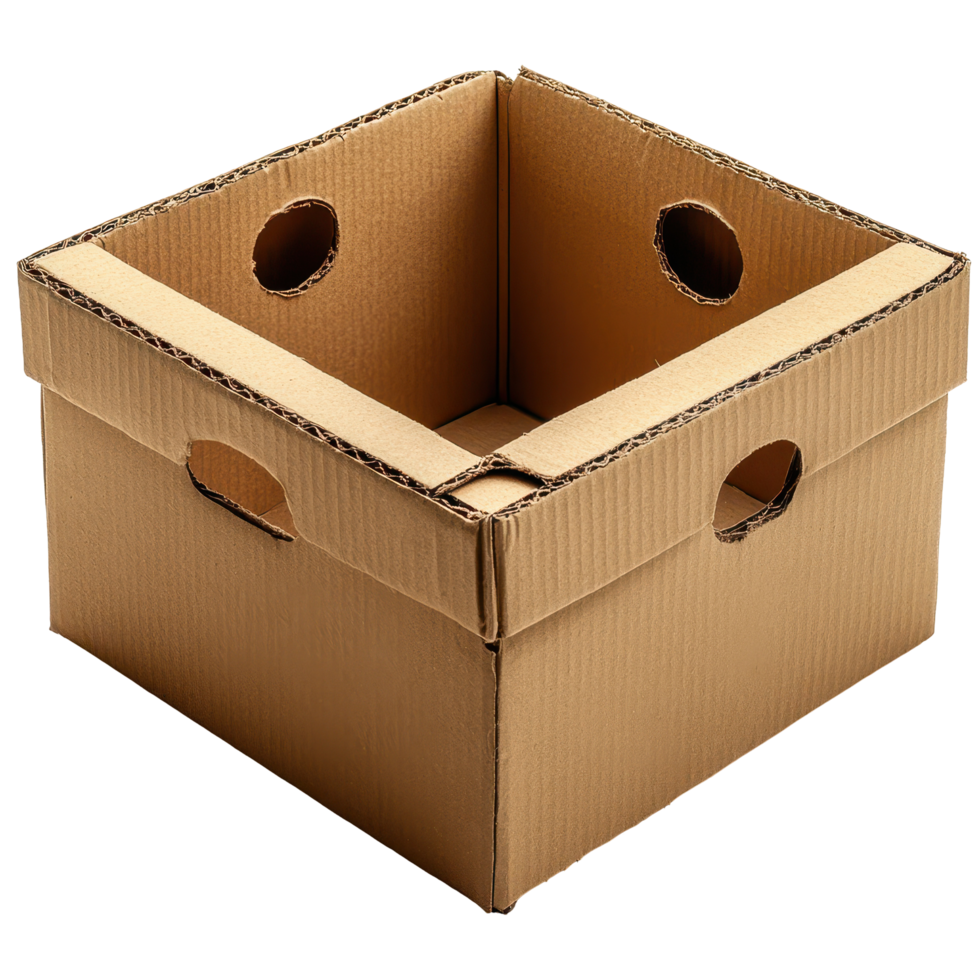 Empty cardboard box for packing and storage in a home or office setting isolated on transparent background png