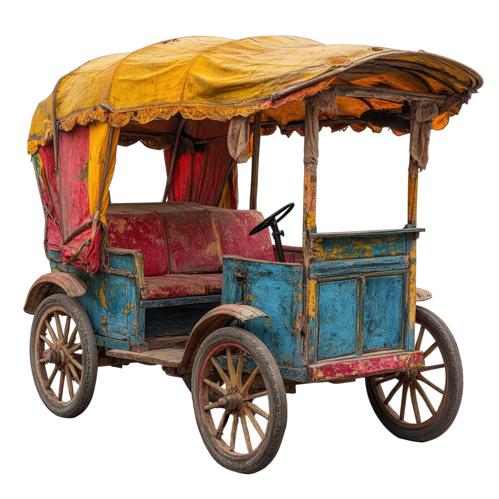 Colorful vintage cart with a yellow and red canopy parked in a rustic setting at midday isolated on transparent background png