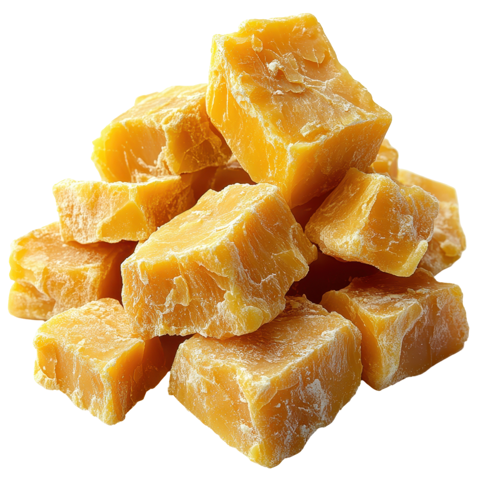 Natural yellow sugar cubes stacked on a white background showcasing their texture and vibrant color isolated on transparent background png