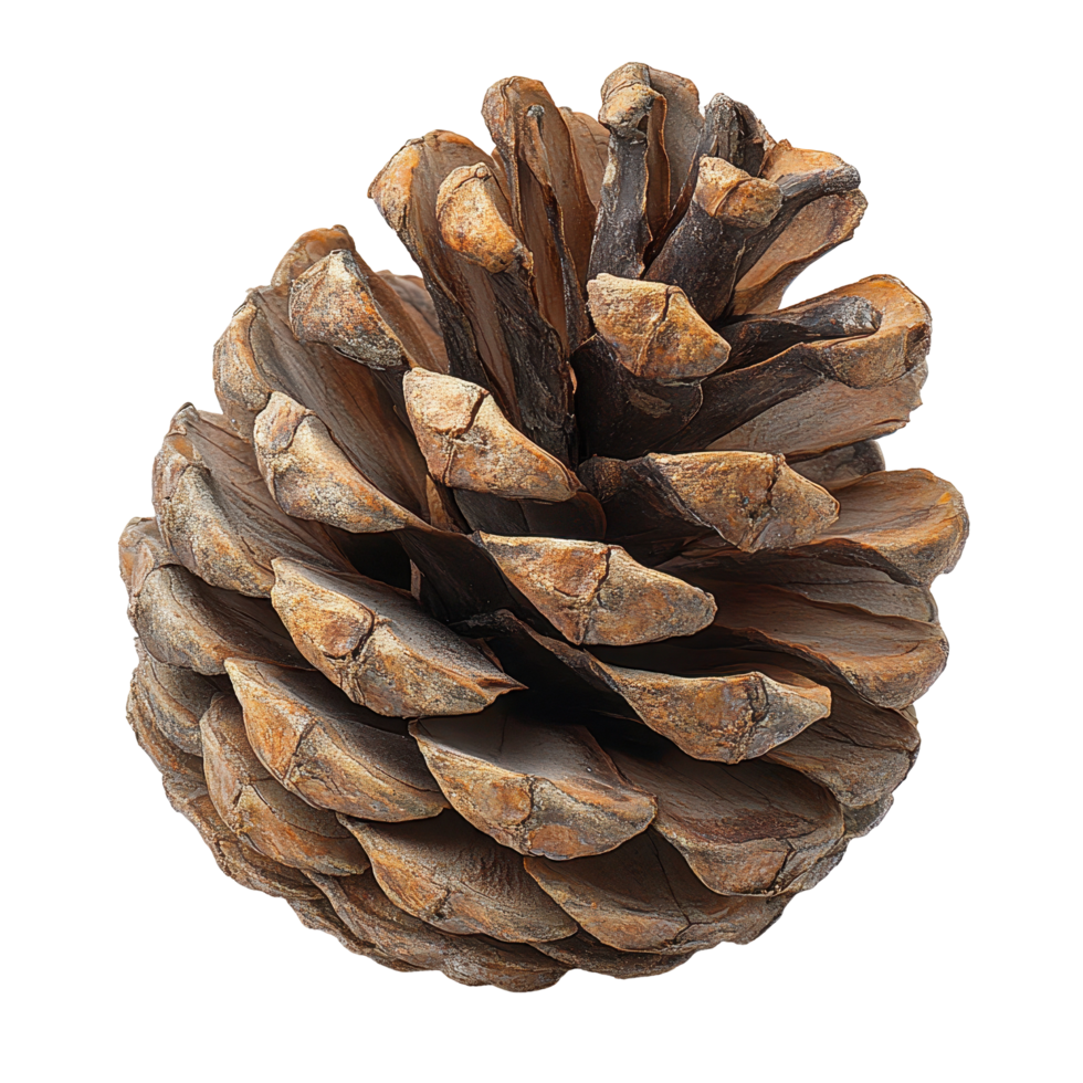 Large pine cone resting on a flat surface, showcasing intricate texture and colors in natural brown hues during daylight hours isolated on transparent background png
