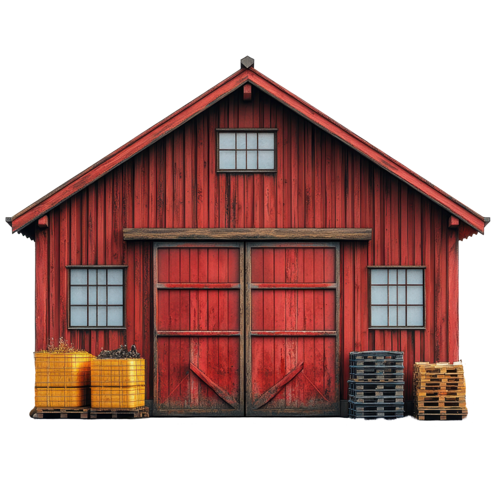 Rustic red barn with wooden doors and storage containers in sunny countryside setting isolated on transparent background png