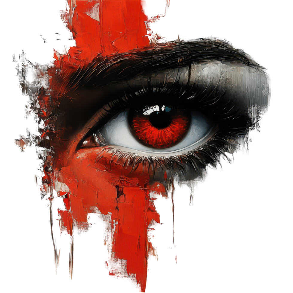 Eye-catching art piece featuring a striking red and black design with intense gaze isolated on transparent background png