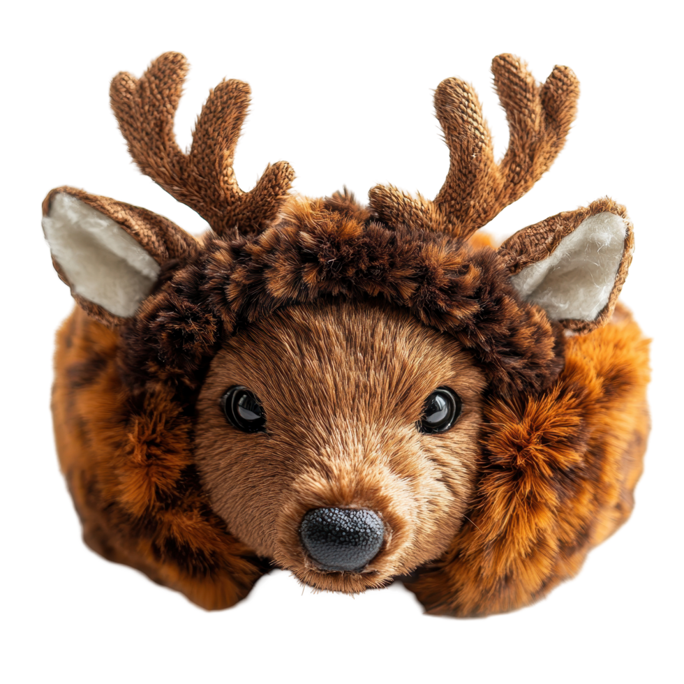 Cute plush deer toy with antlers in warm tones, perfect for cuddling and playtime for children exploring nature themes isolated on transparent background png