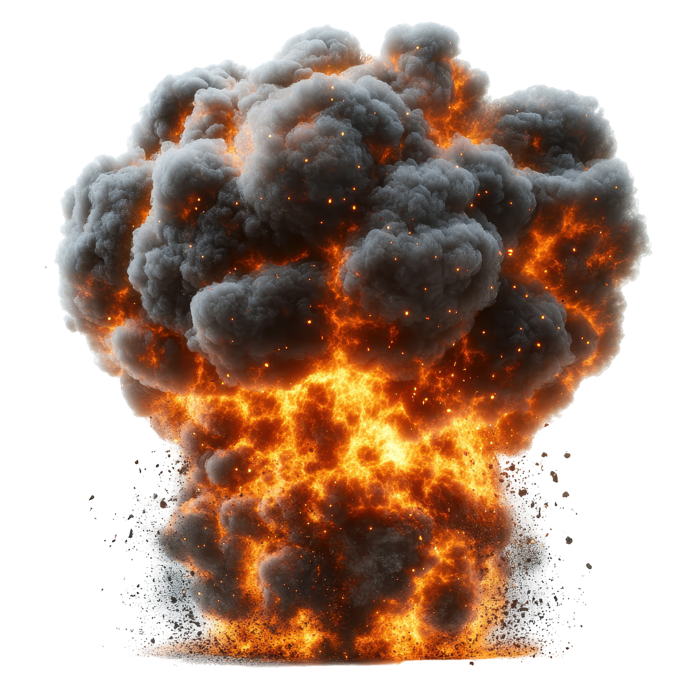 Large explosion with flames and smoke rising in a dramatic display of power and destruction at dusk isolated on transparent background png